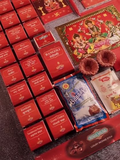 Labelled red packets of kumkum, abir, gomti chakra and more